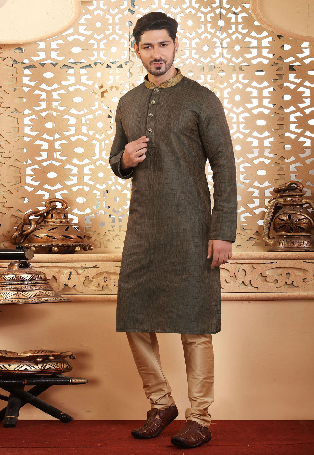 Dark Green Jacquard Kurta Pajama 236766