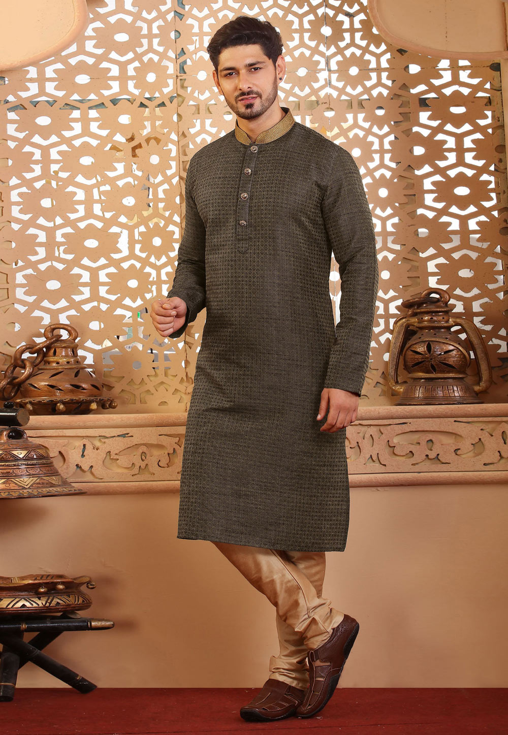 Mehndi Jacquard Kurta Pajama 236752