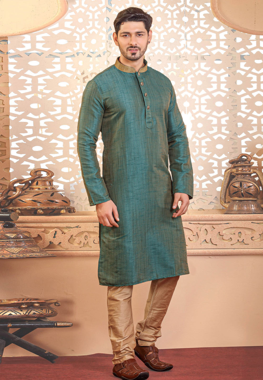 Teal Jacquard Kurta Pajama 236753