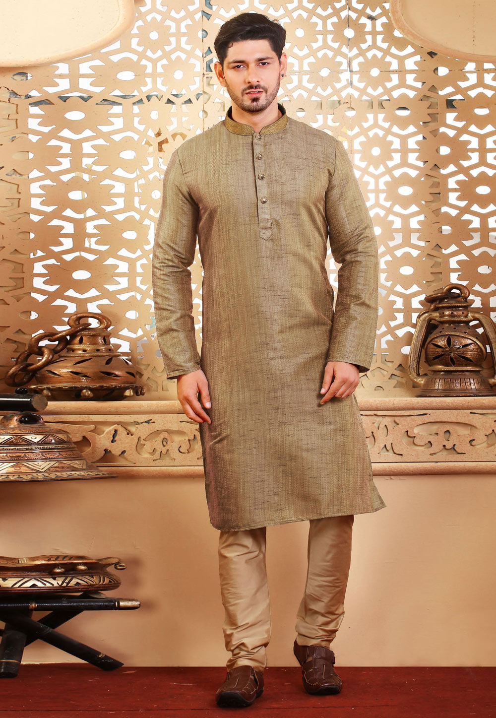 Cream Jacquard Kurta Pajama 236754