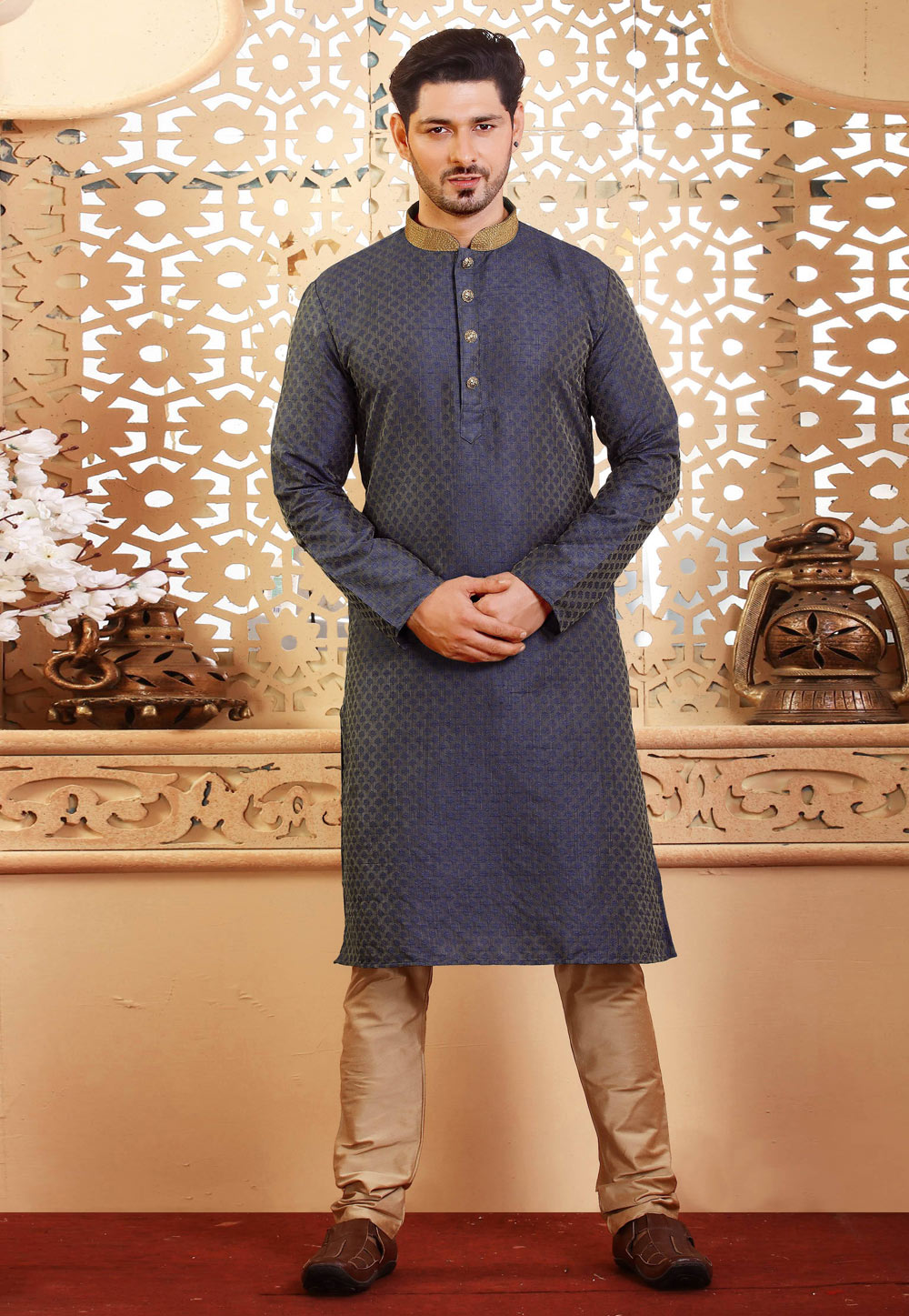 Navy Blue Jacquard Kurta Pajama 236755
