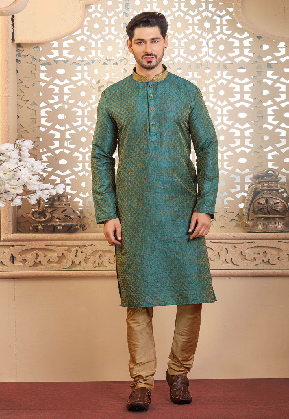 Turquoise Jacquard Kurta Pajama 236757