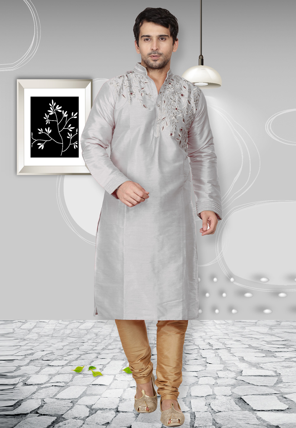 Grey Dupion Silk Kurta Pajama 236428