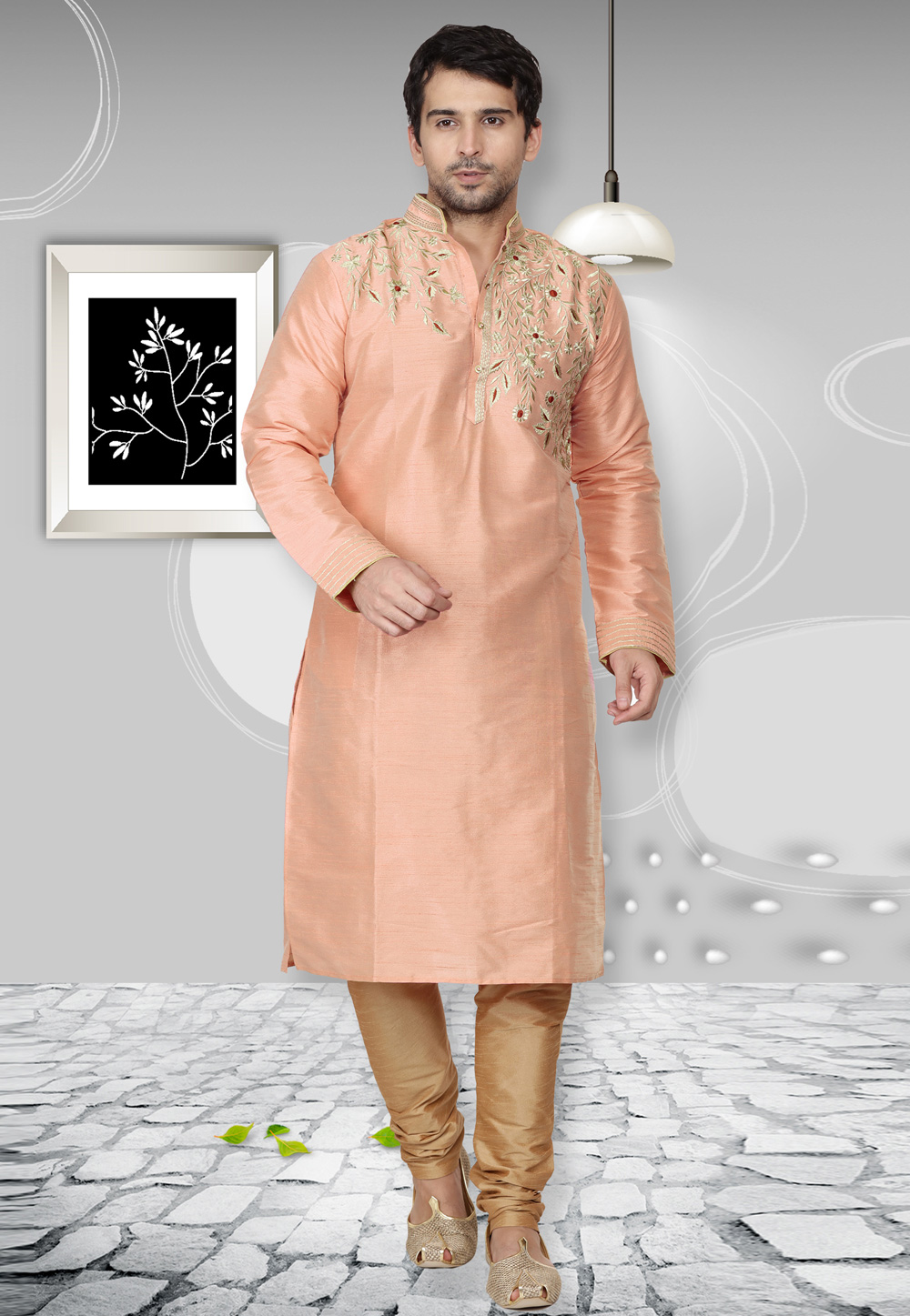 Peach Dupion Silk Kurta Pajama 236429