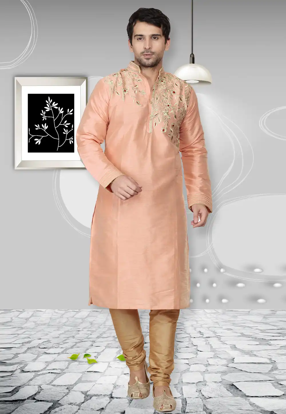 Peach Dupion Silk Kurta Pajama 236429