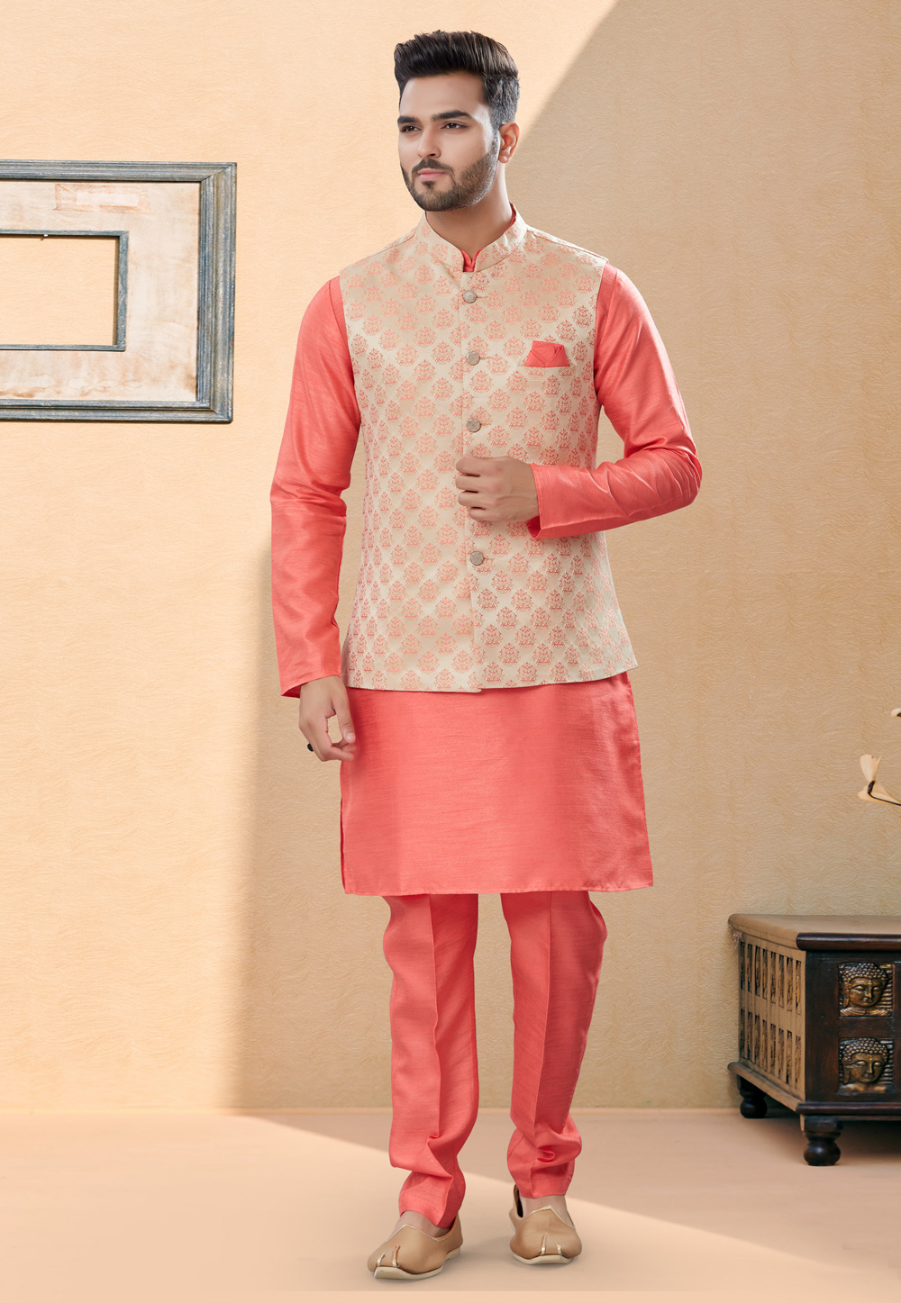 Peach Silk Kurta Pajama With Jacket 251442