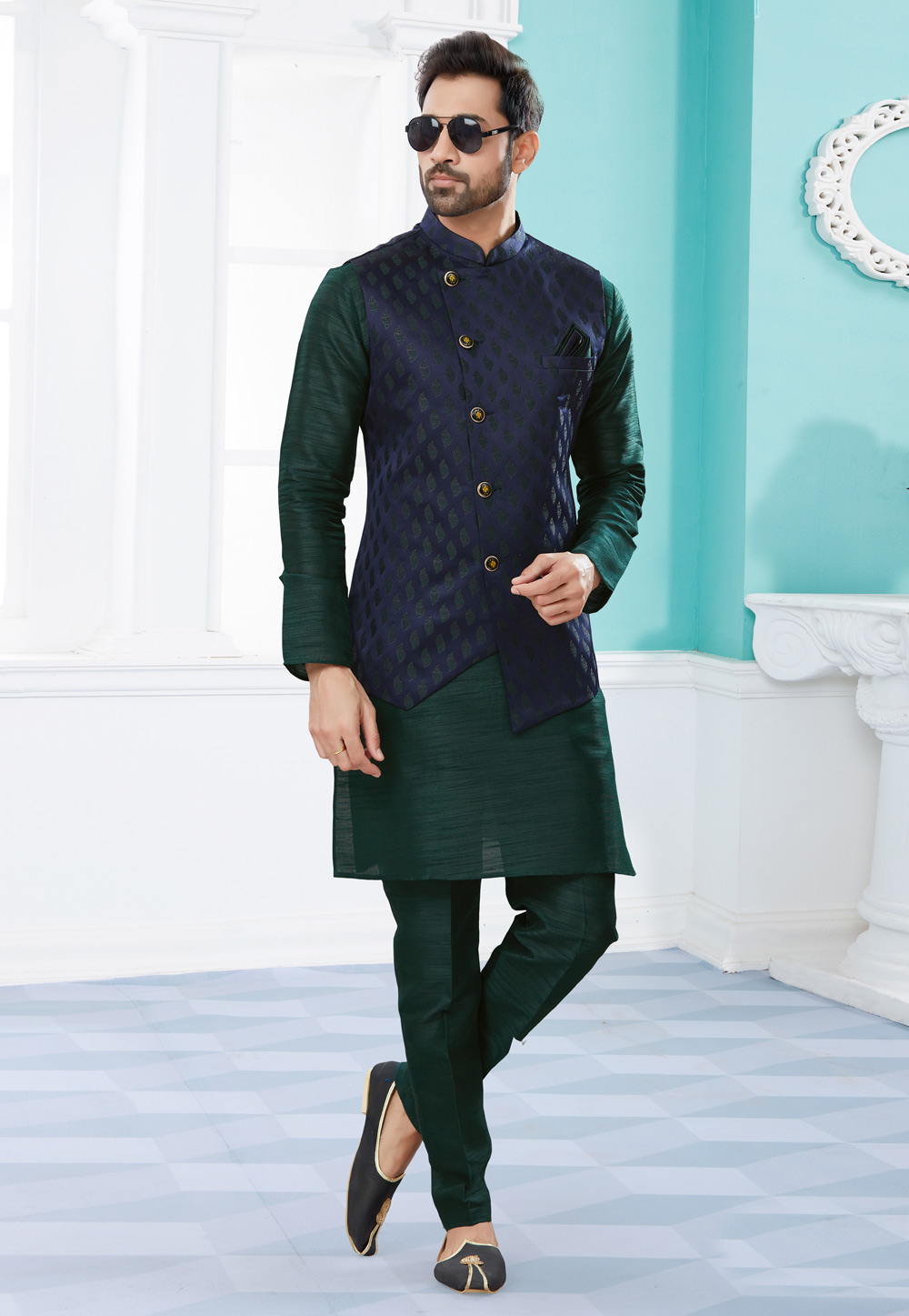 Green Silk Kurta Pajama With Jacket 251443