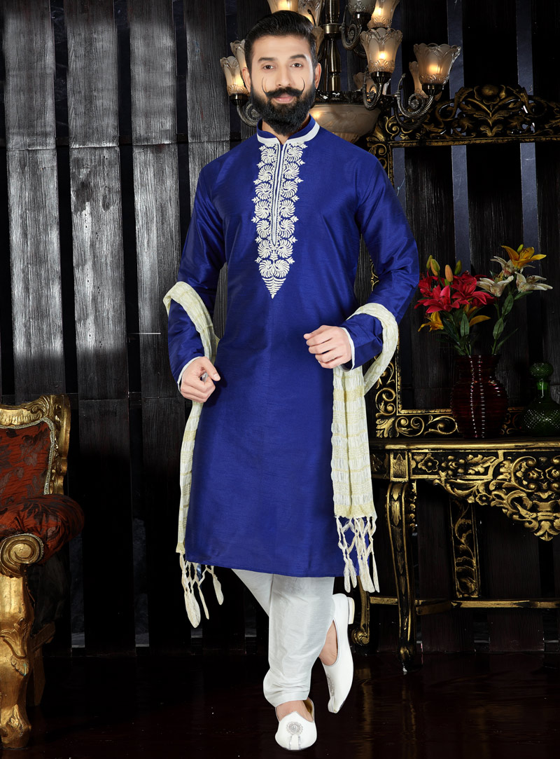 Royal Blue Dupion Readymade Kurta Pajama 97468