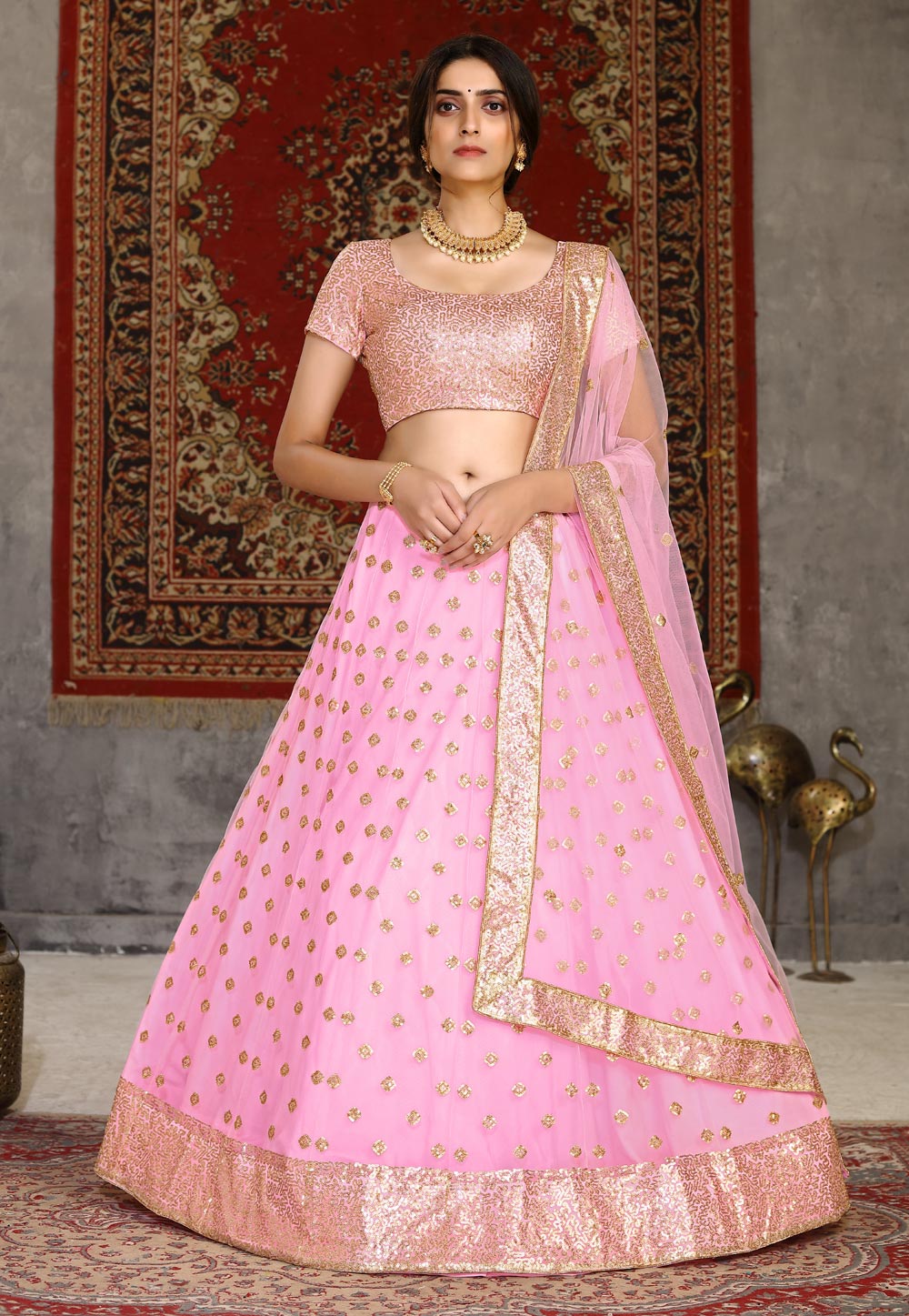 Pink Net Sequins Work Lehenga Choli 231229