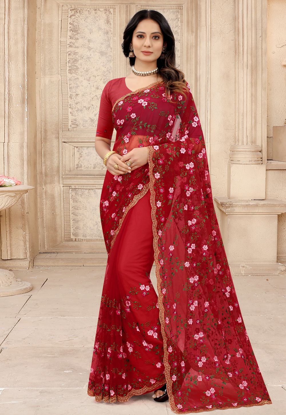 Red Net Festival Wear Saree 242776