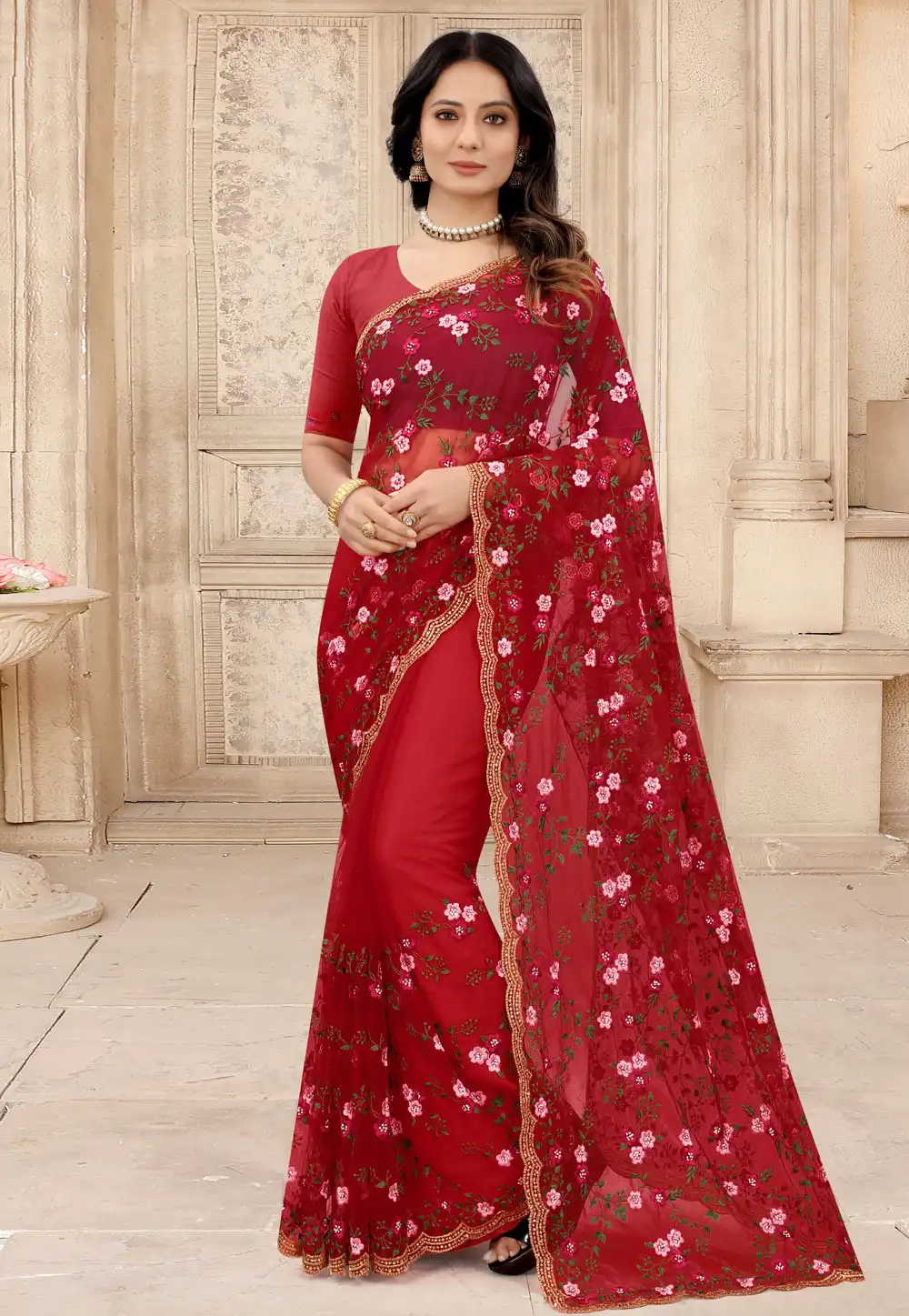 Red Net Festival Wear Saree 242776
