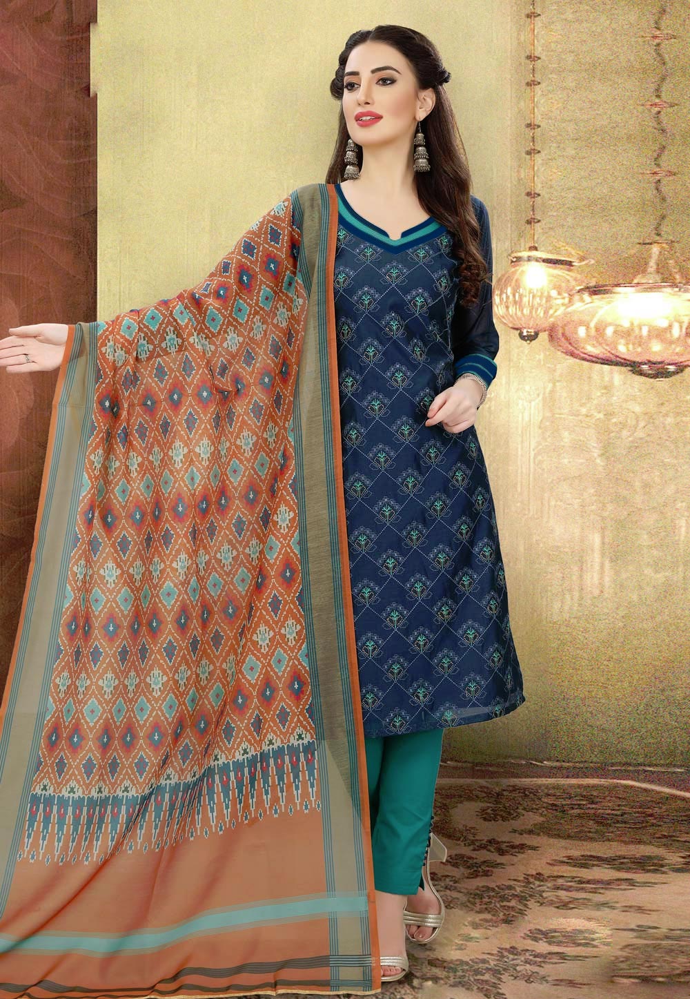 Navy Blue Chanderi Pant Style Suit 192989