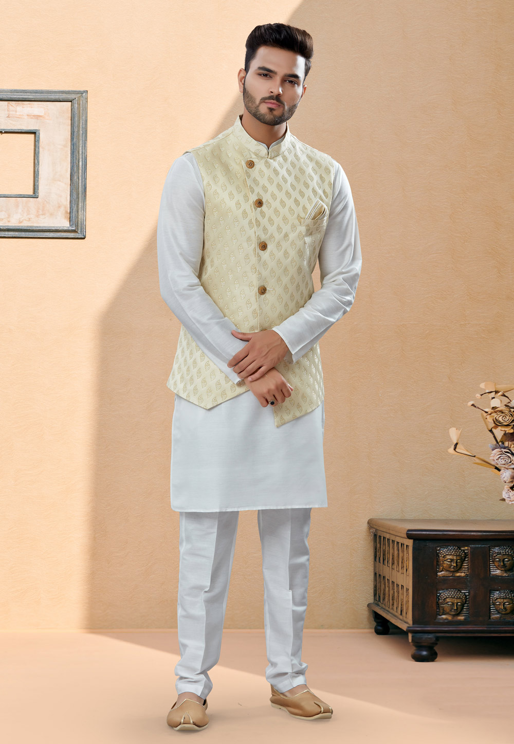 Off White Silk Kurta Pajama With Jacket 251446