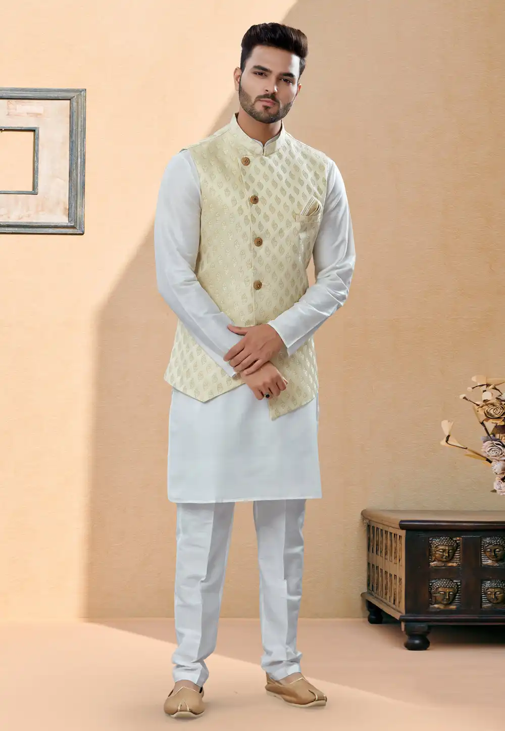 Off White Silk Kurta Pajama With Jacket 251446