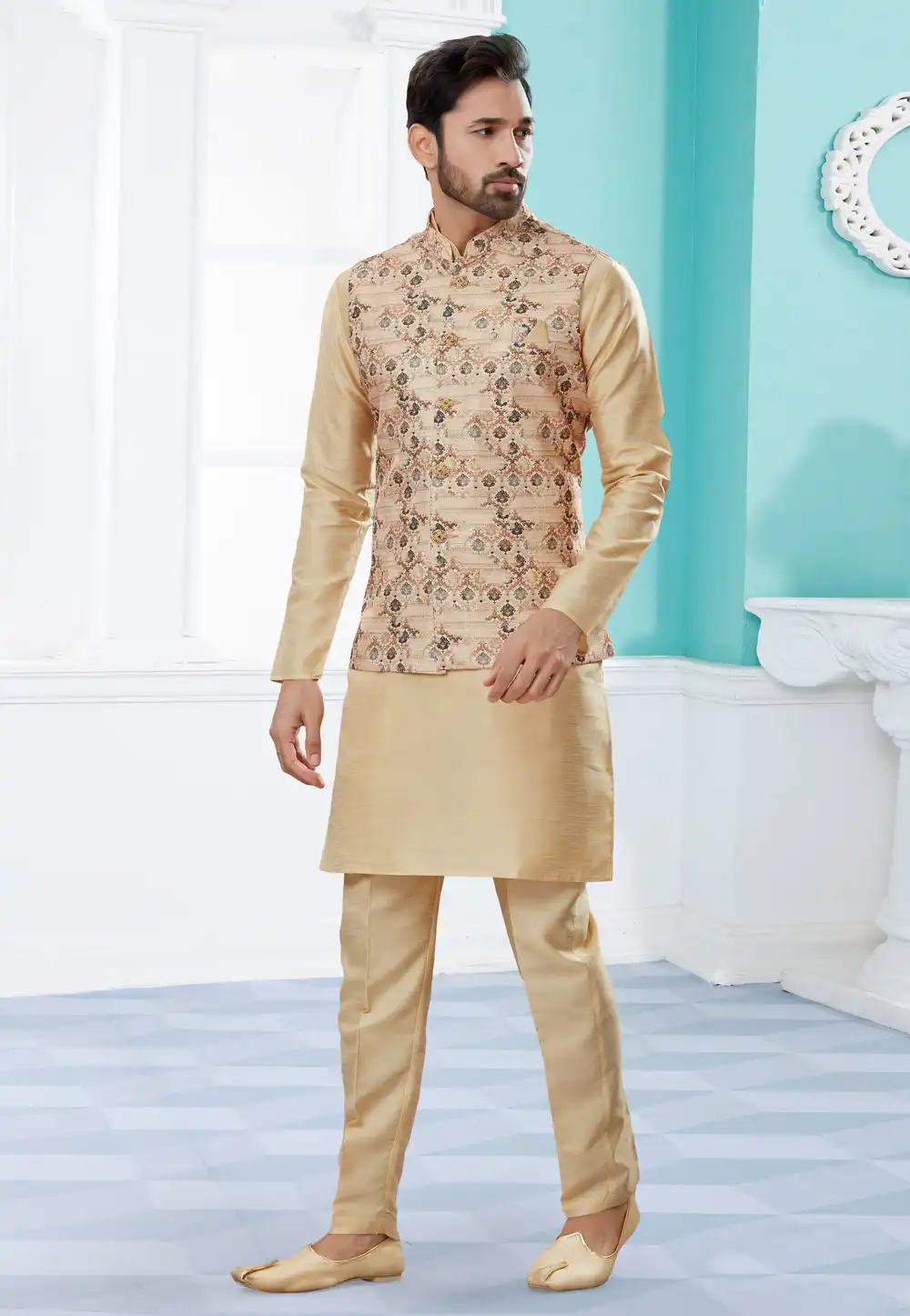 Beige Silk Kurta Pajama With Jacket 251447