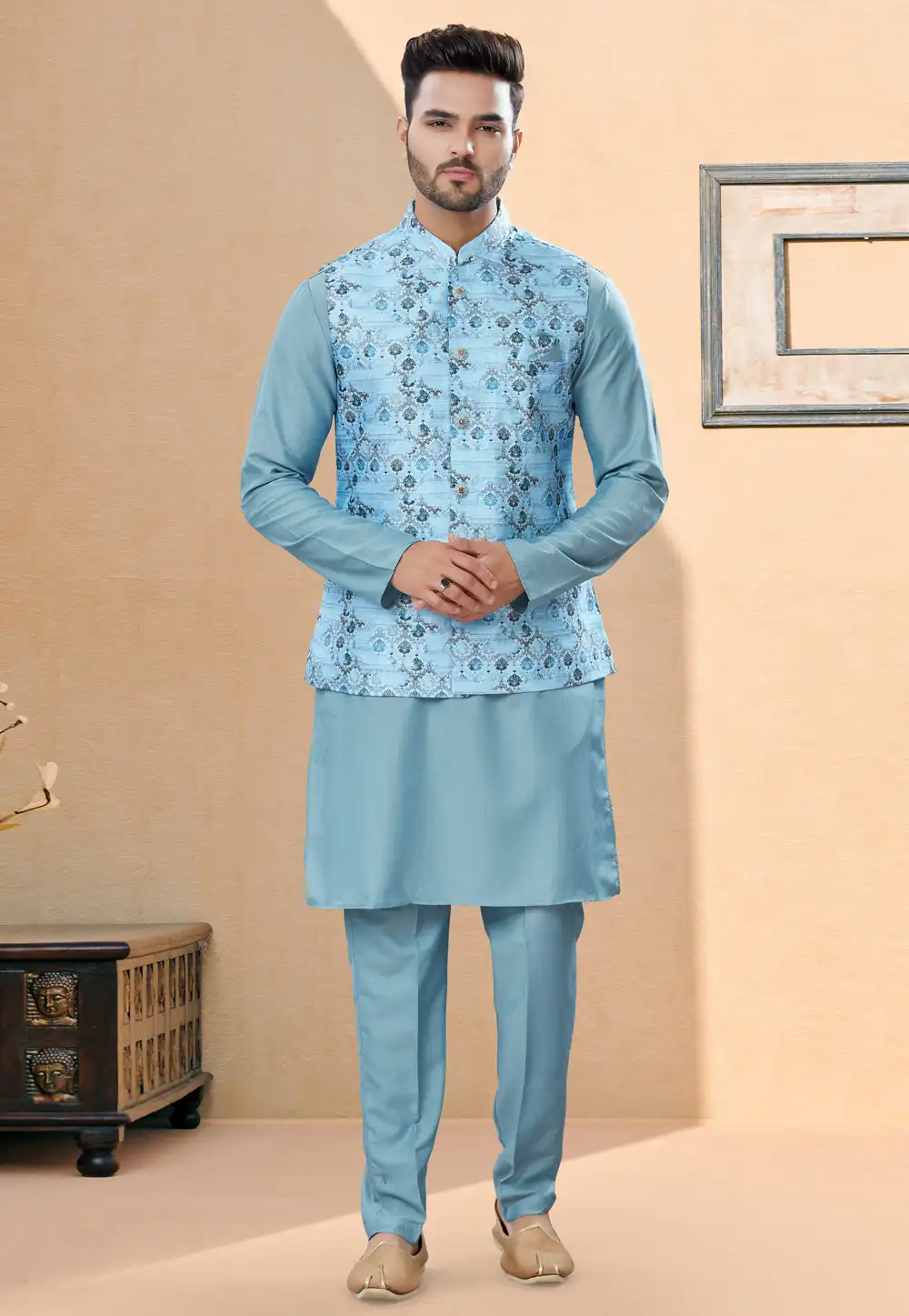 Sky Blue Silk Kurta Pajama With Jacket 251448