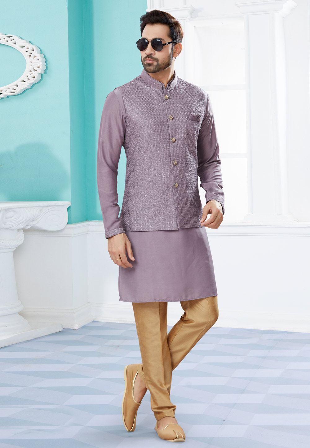 Light Purple Silk Kurta Pajama With Jacket 251449