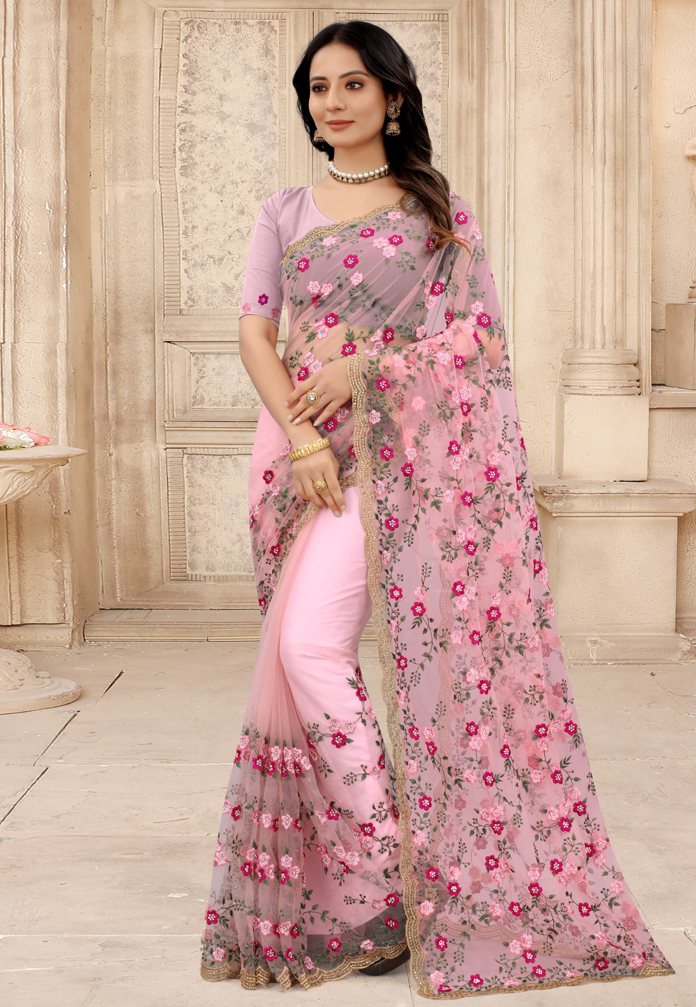 Pink Net Festival Wear Saree 242780
