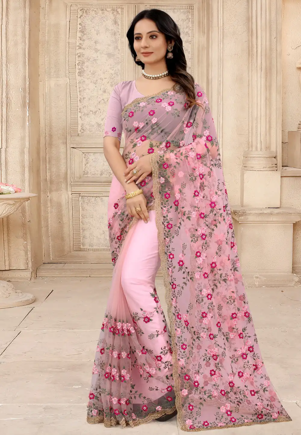 Pink Net Festival Wear Saree 242780