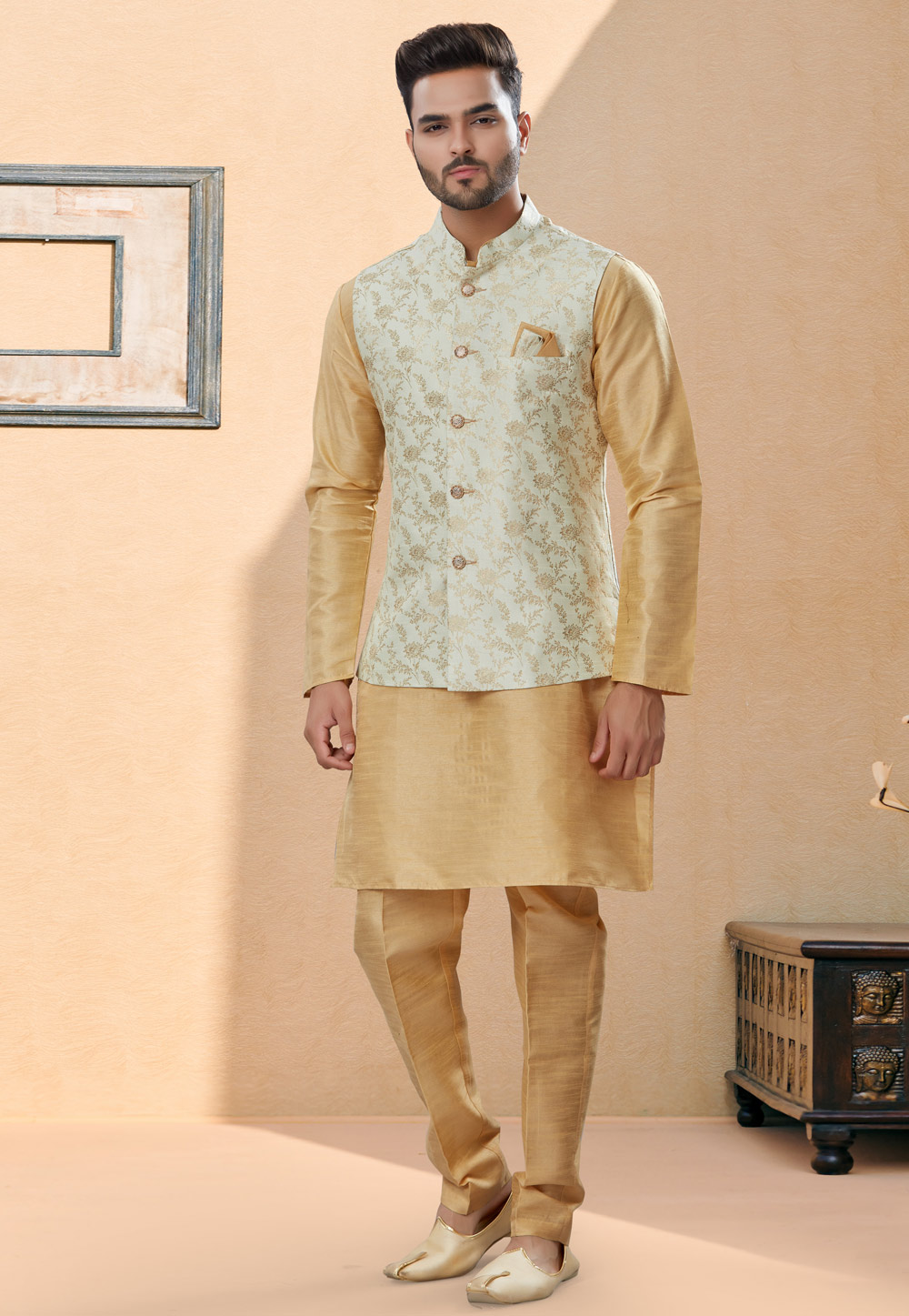 Golden Silk Kurta Pajama With Jacket 251450