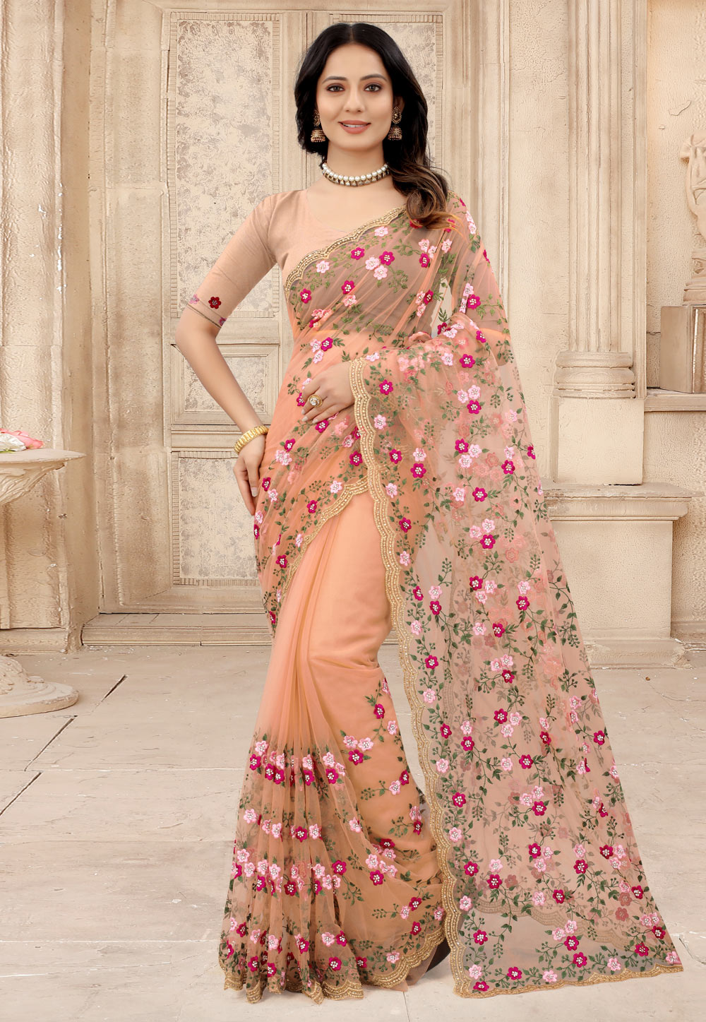 Peach Net Saree With Blouse 242781