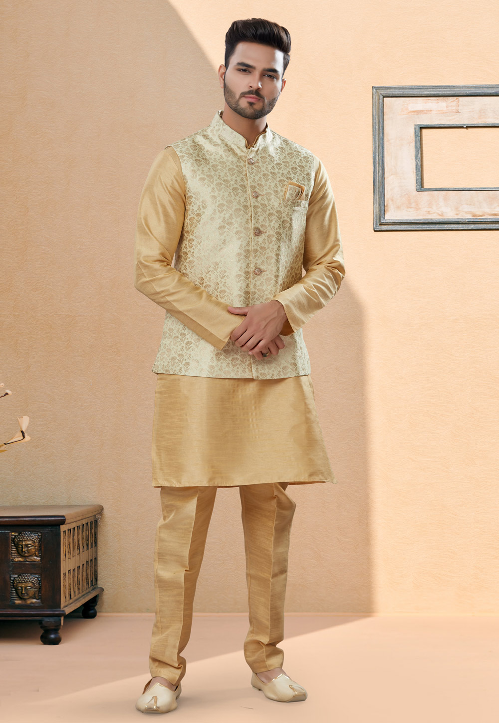 Golden Silk Kurta Pajama With Jacket 251451