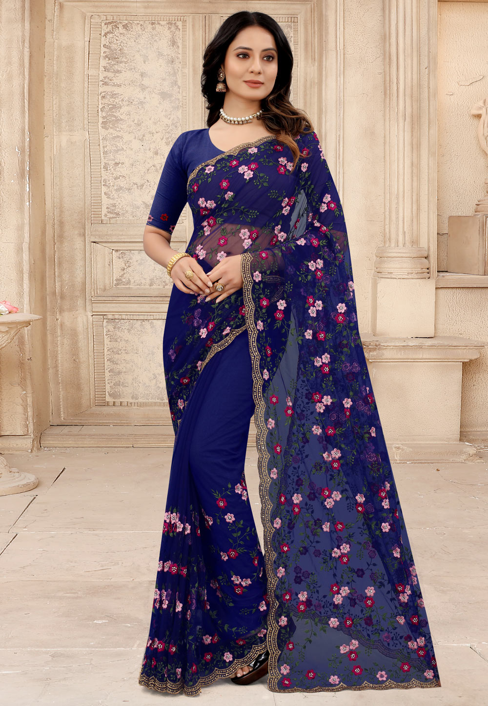 Navy Blue Net Festival Wear Saree 242782