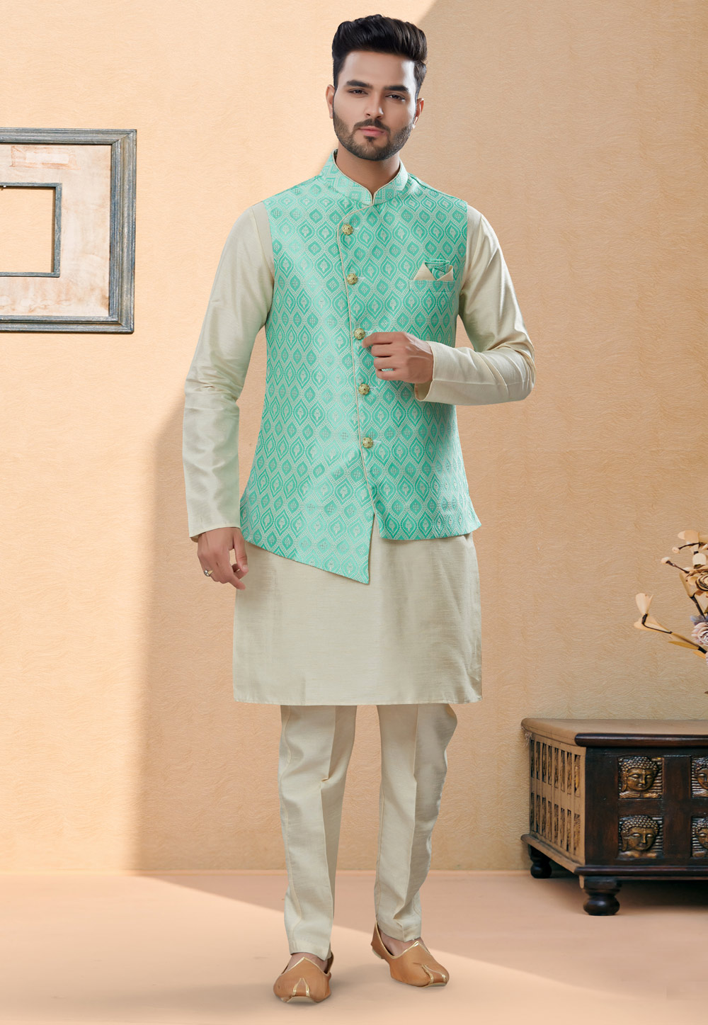 Off White Silk Kurta Pajama With Jacket 251452