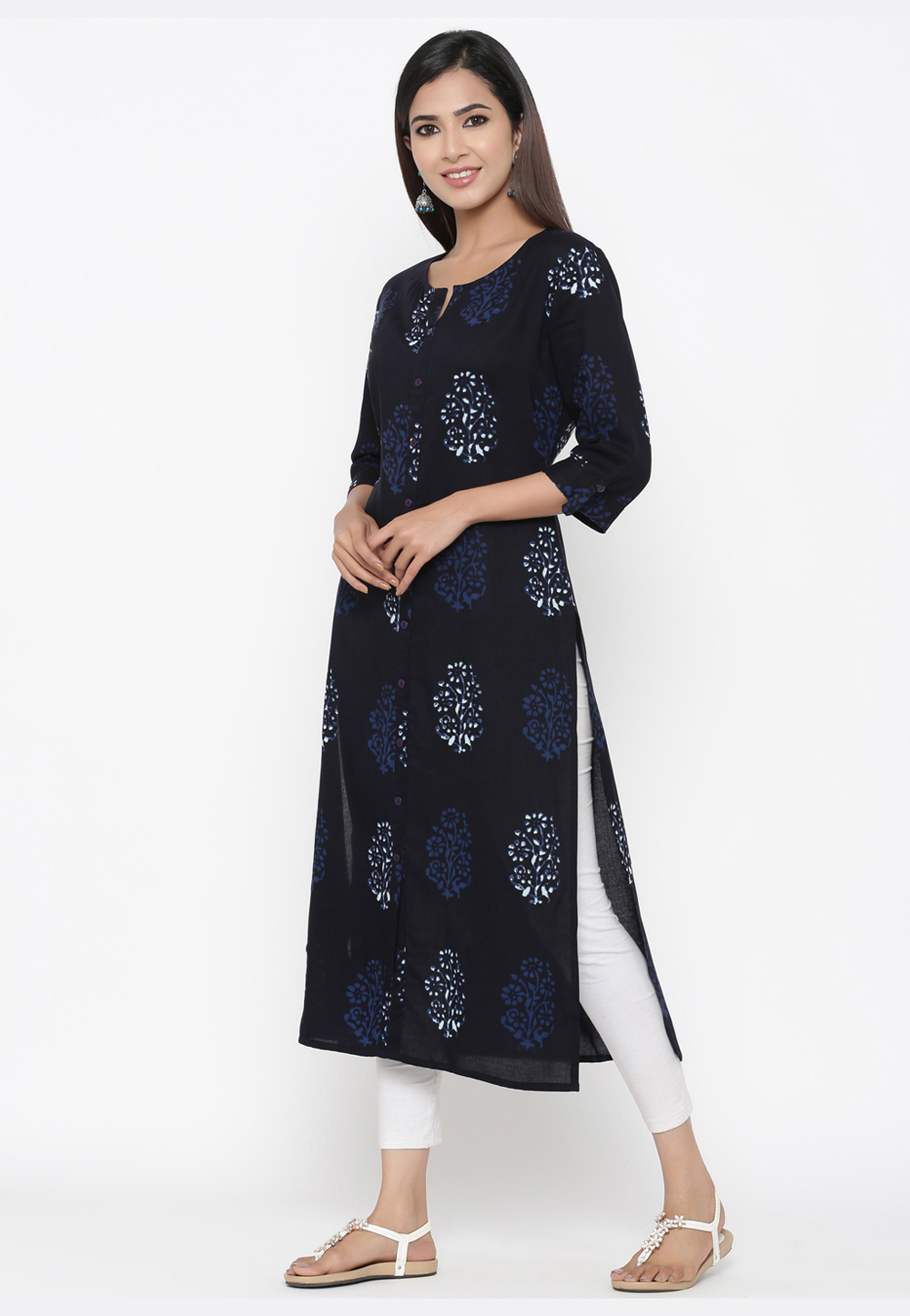 Dark Blue Viscose Readymade Printed Kurti 209655