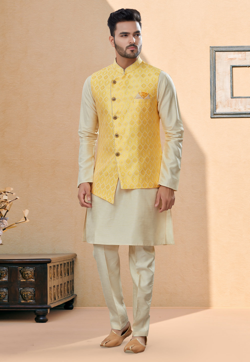 Off White Silk Kurta Pajama With Jacket 251453