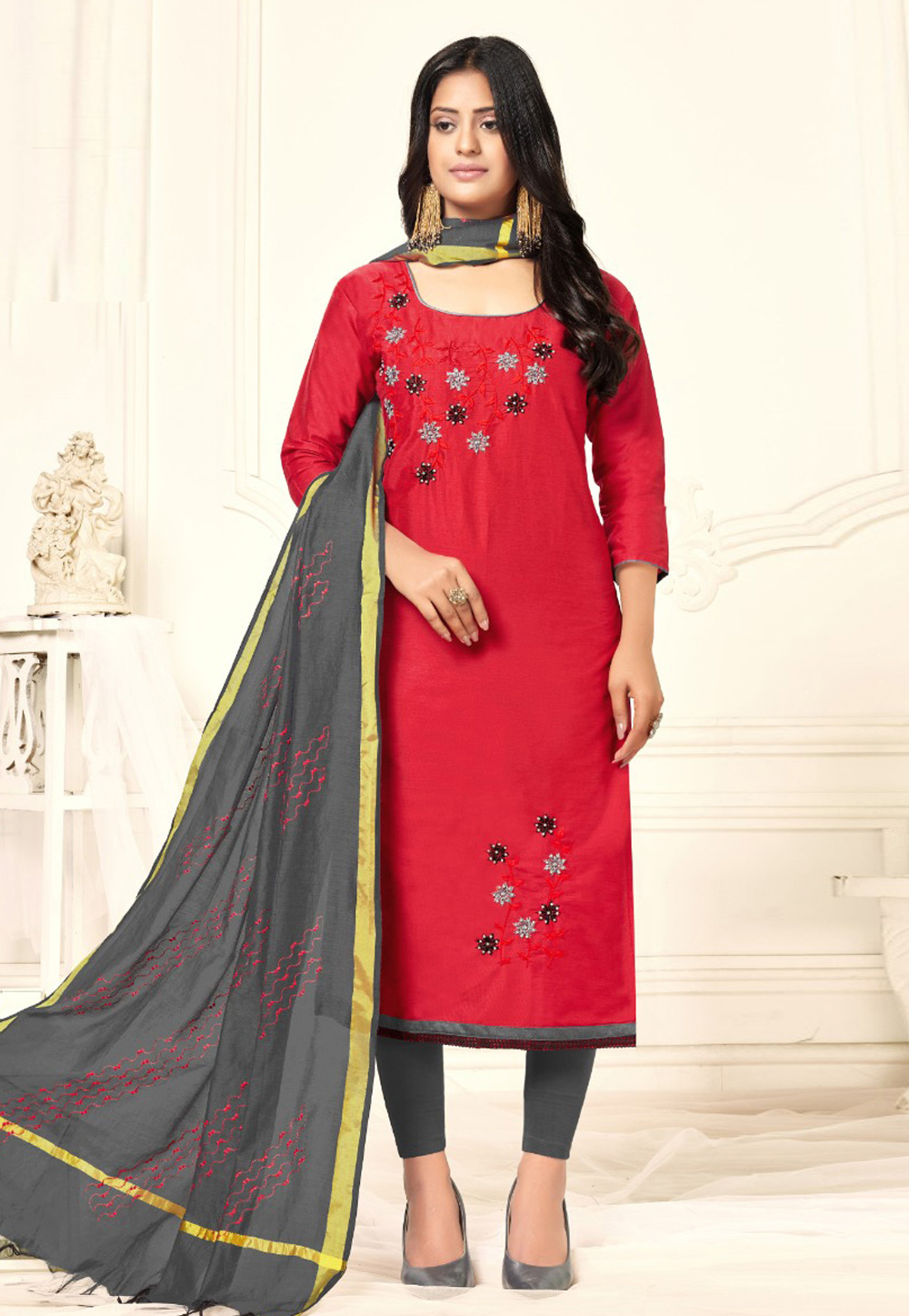 Red Cotton Churidar Suit 230828