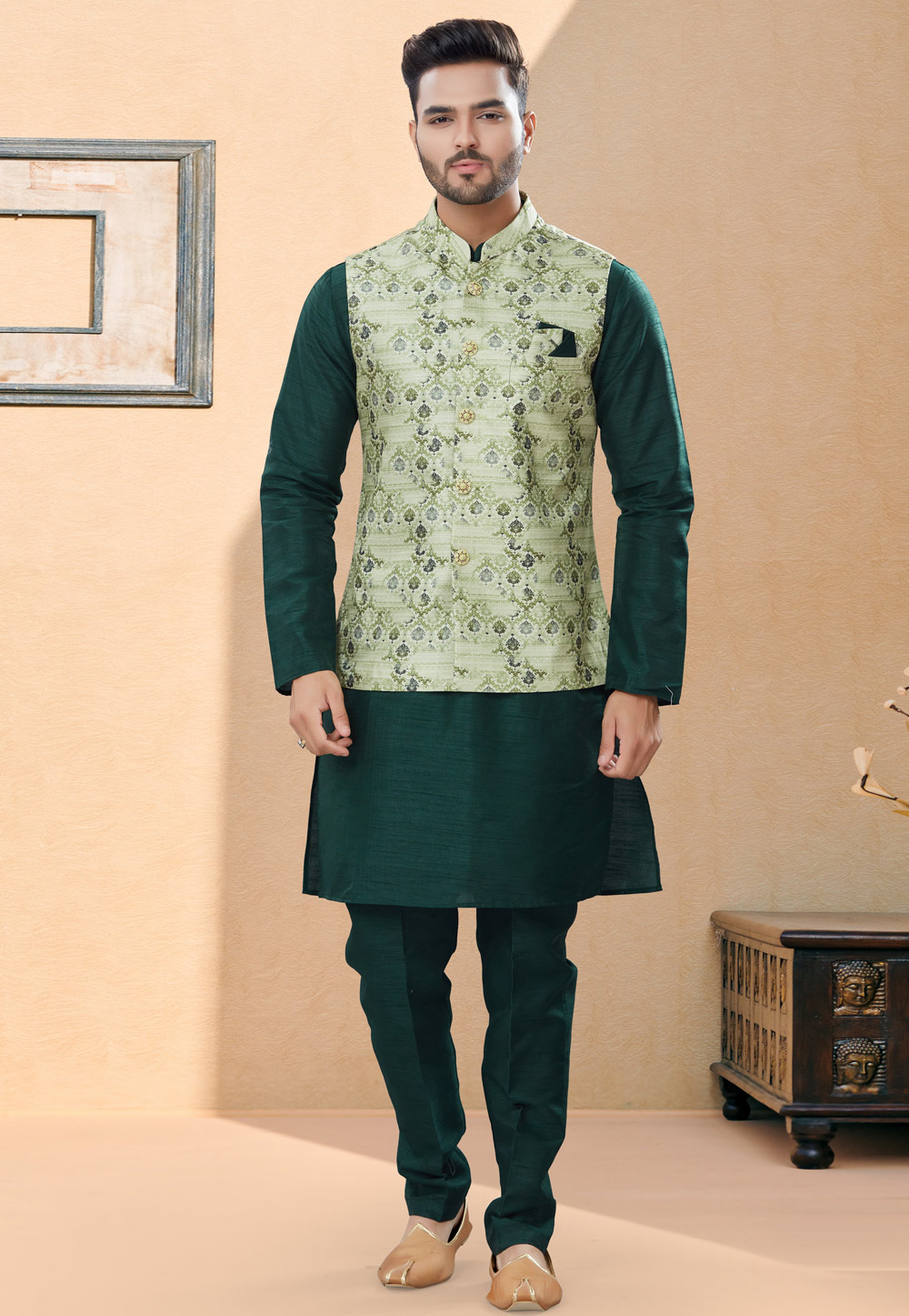 Green Silk Kurta Pajama With Jacket 251454