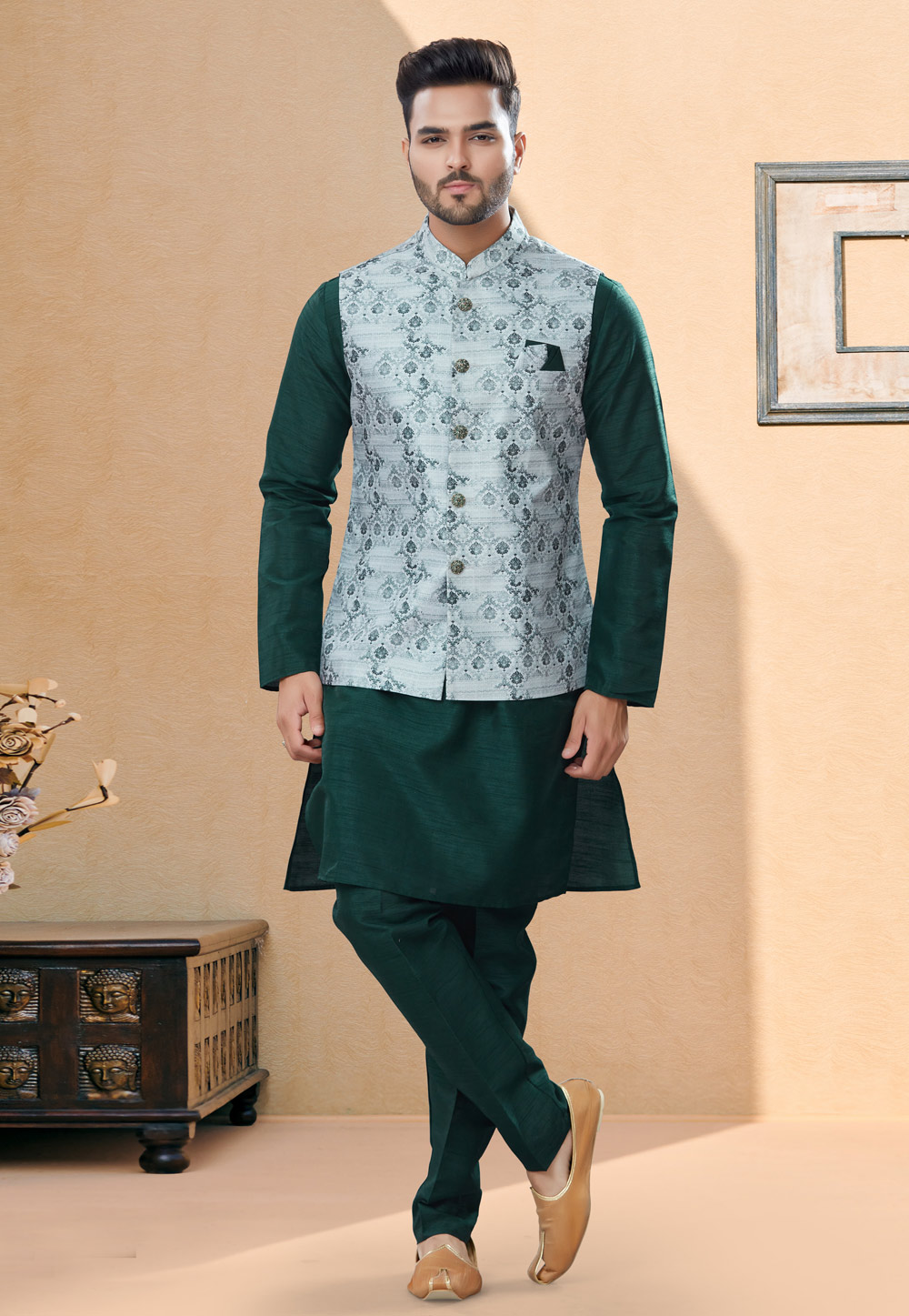 Green Silk Kurta Pajama With Jacket 251455