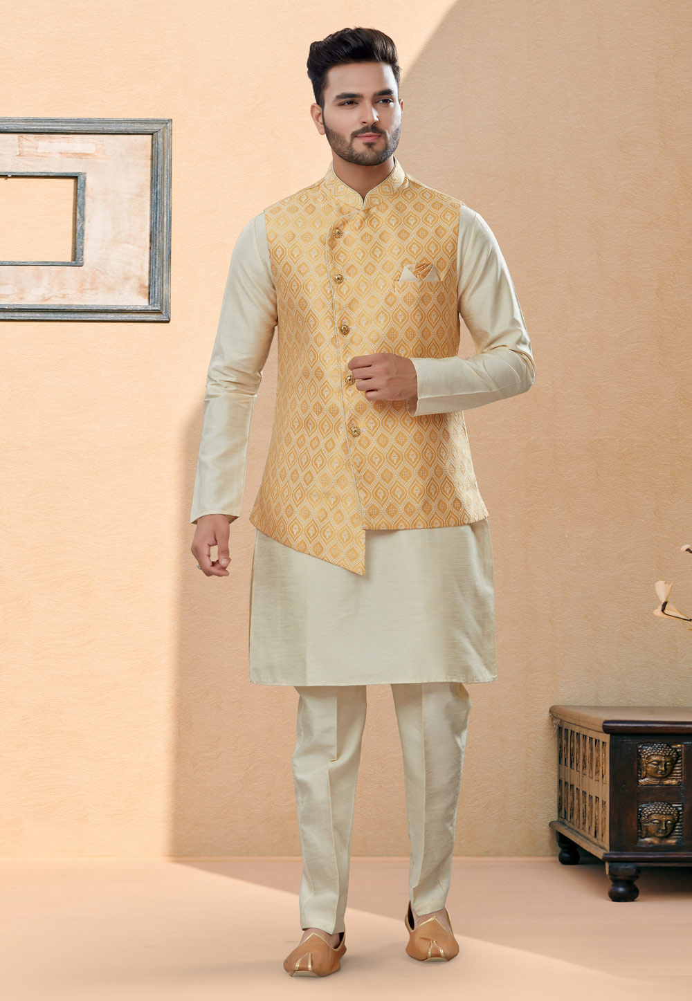 Off White Silk Kurta Pajama With Jacket 251456