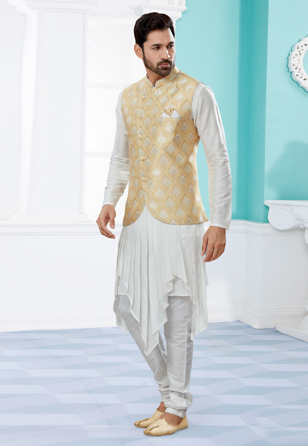 Off White Silk Kurta Pajama With Jacket 251458