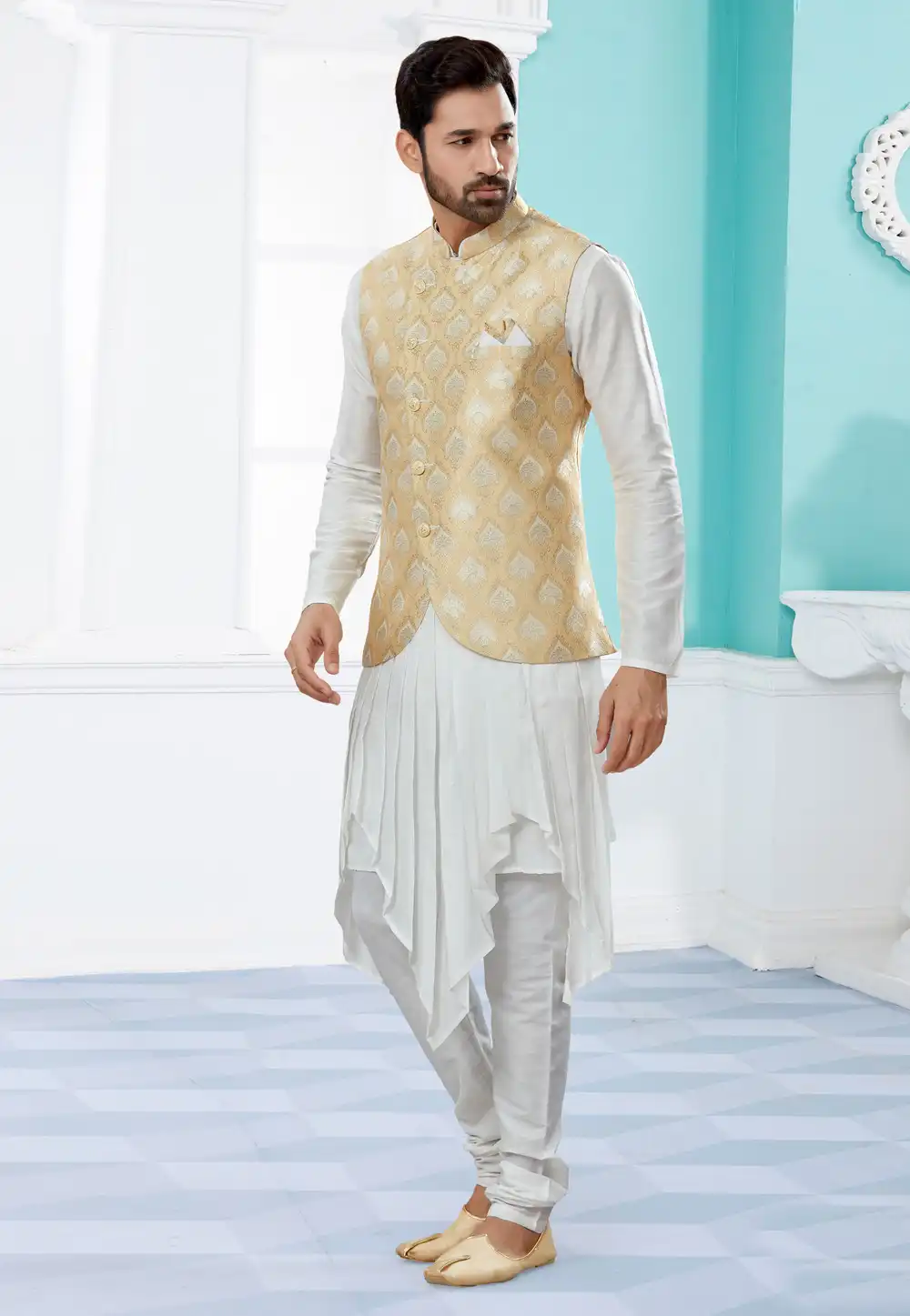 Off White Silk Kurta Pajama With Jacket 251458