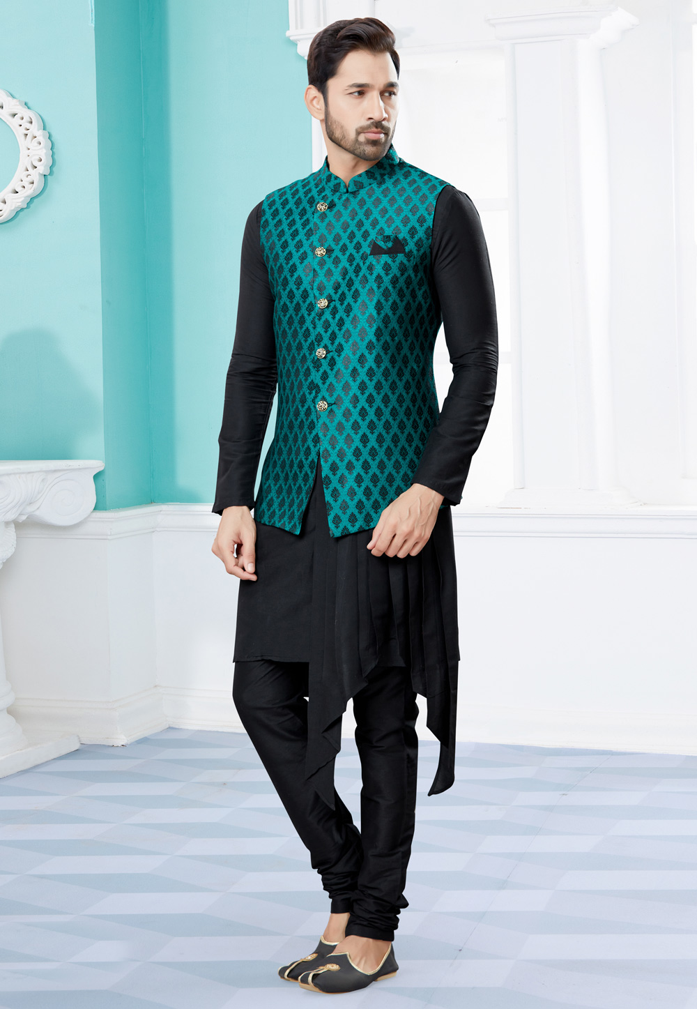 Black Silk Kurta Pajama With Jacket 251459