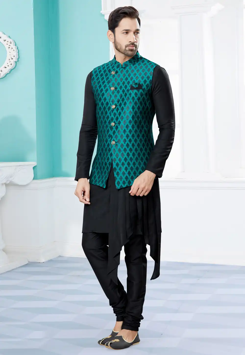Black Silk Kurta Pajama With Jacket 251459