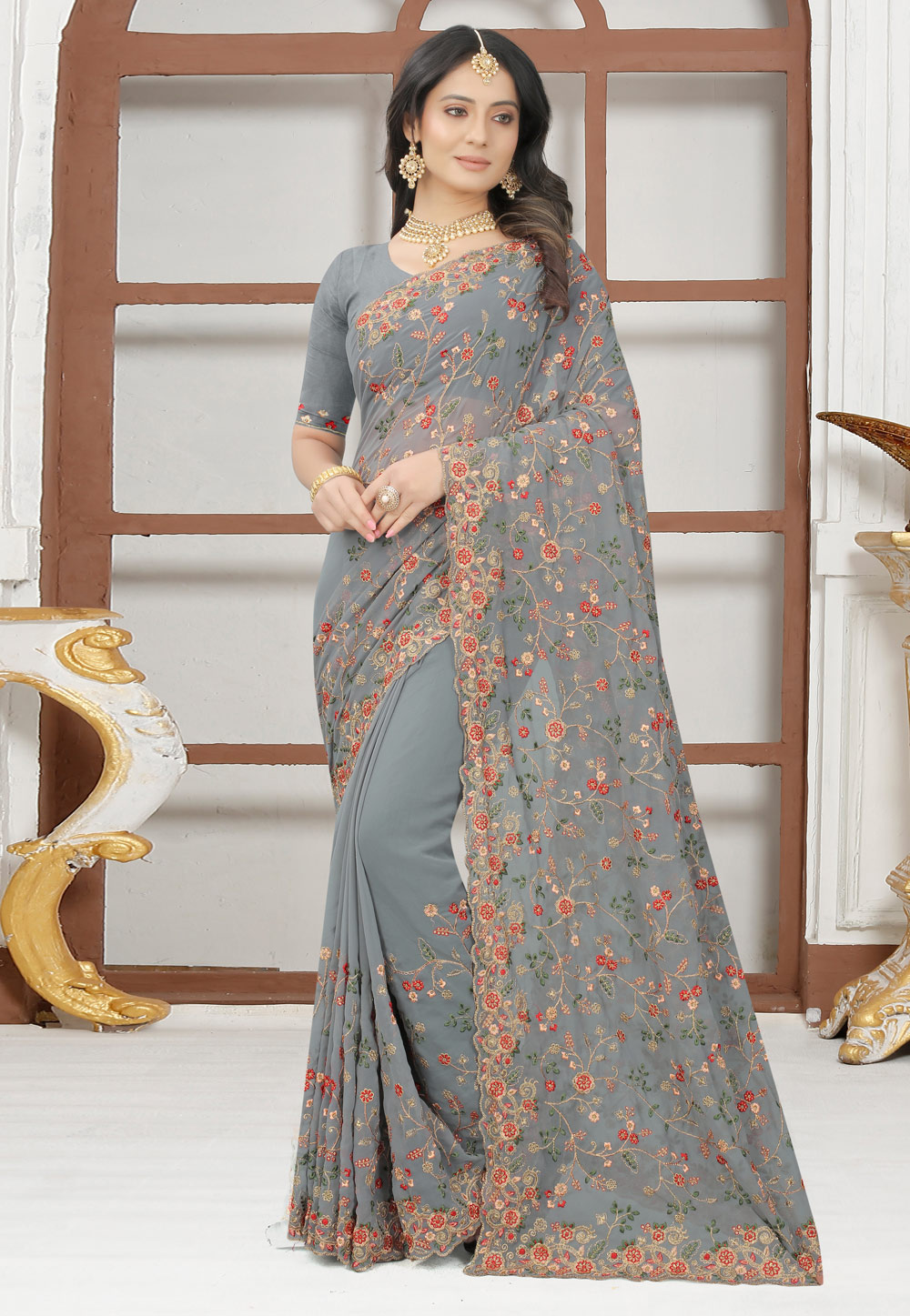 Grey Georgette Festival Wear Saree 244077