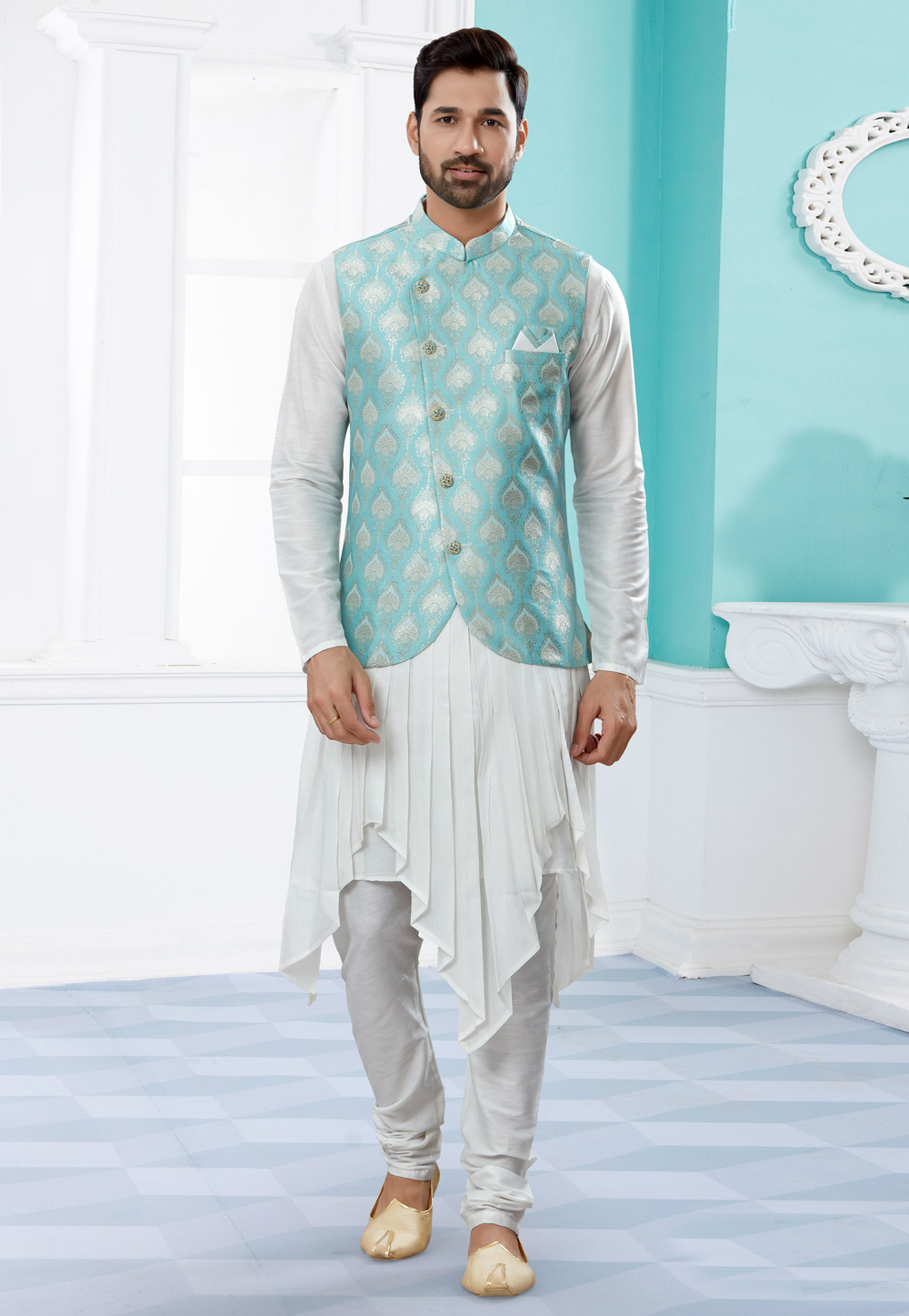 Off White Silk Kurta Pajama With Jacket 251460