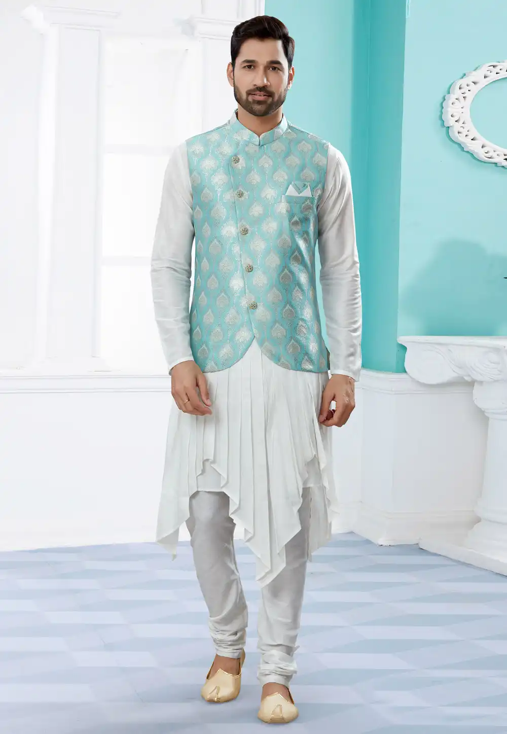 Off White Silk Kurta Pajama With Jacket 251460
