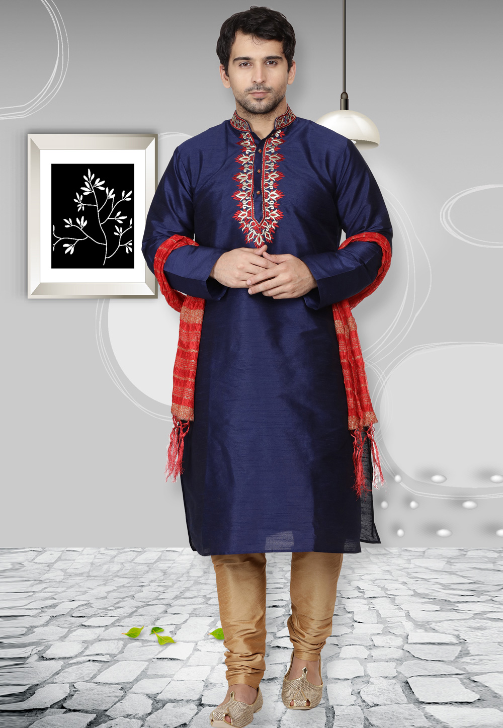 Navy Blue Dupion Silk Readymade Kurta Pajama 167132