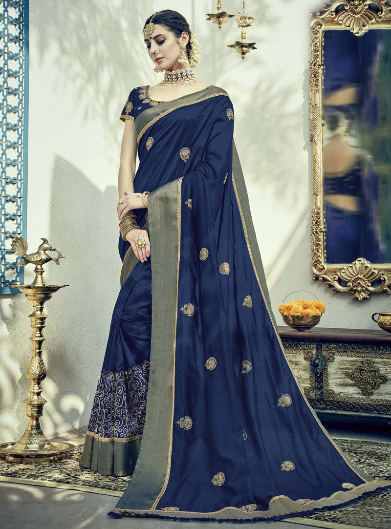 Navy Blue Silk Festival Wear Saree 124058