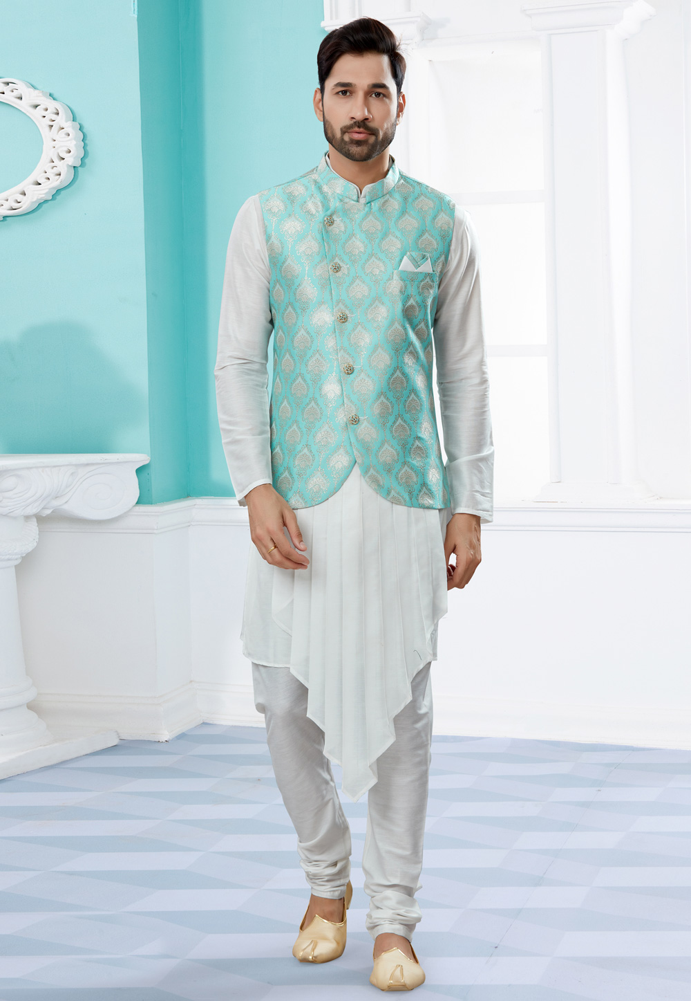 Off White Silk Kurta Pajama With Jacket 251462