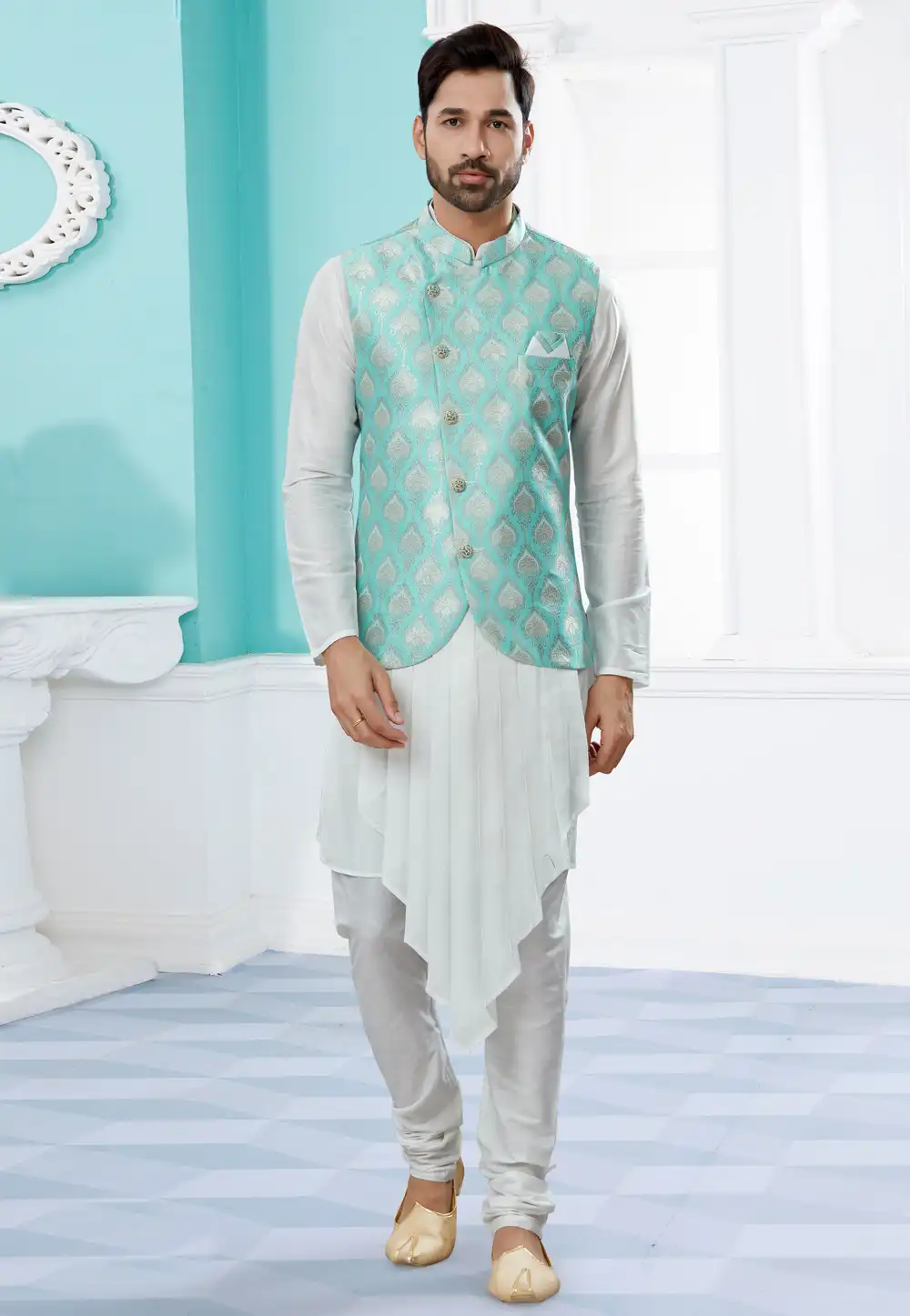 Off White Silk Kurta Pajama With Jacket 251462