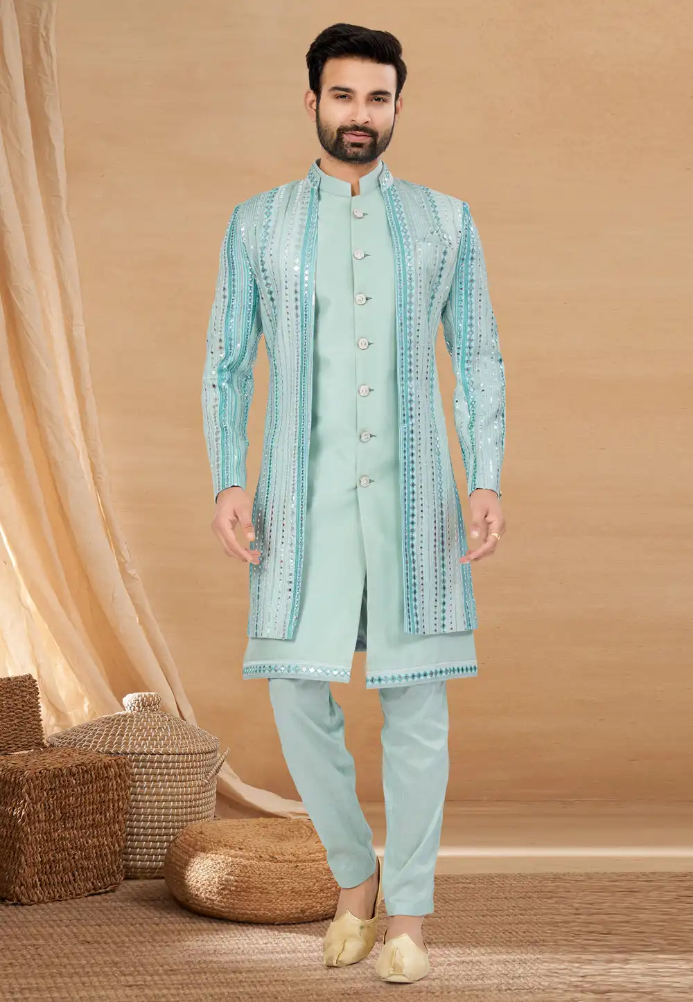 Sky Blue Art Silk Jacket Style Sherwani 274031