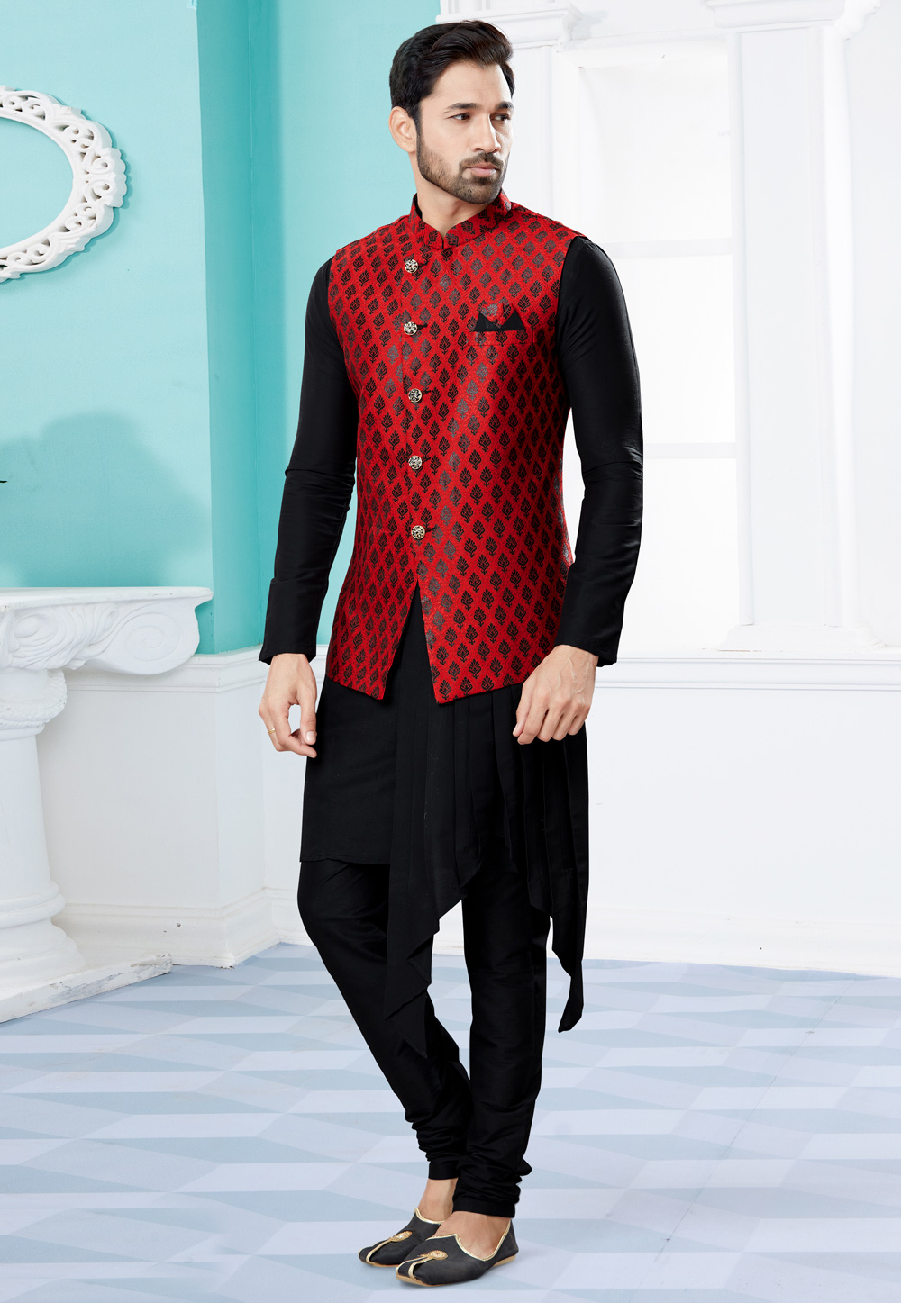 Black Silk Kurta Pajama With Jacket 251463