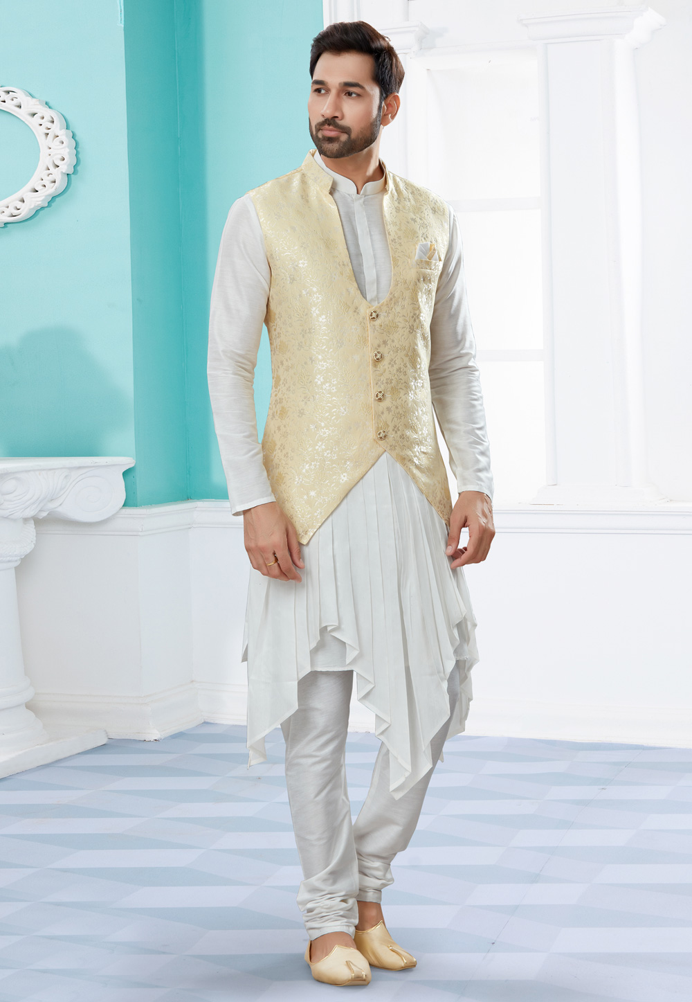Off White Silk Kurta Pajama With Jacket 251464