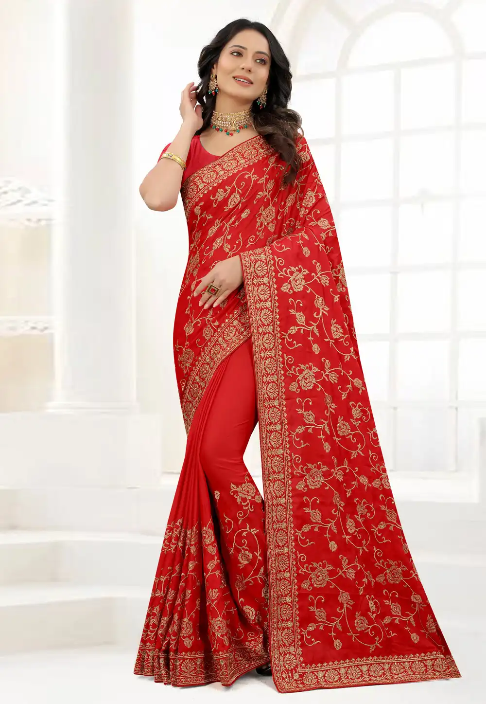 Red Satin Silk Saree With Blouse 244529