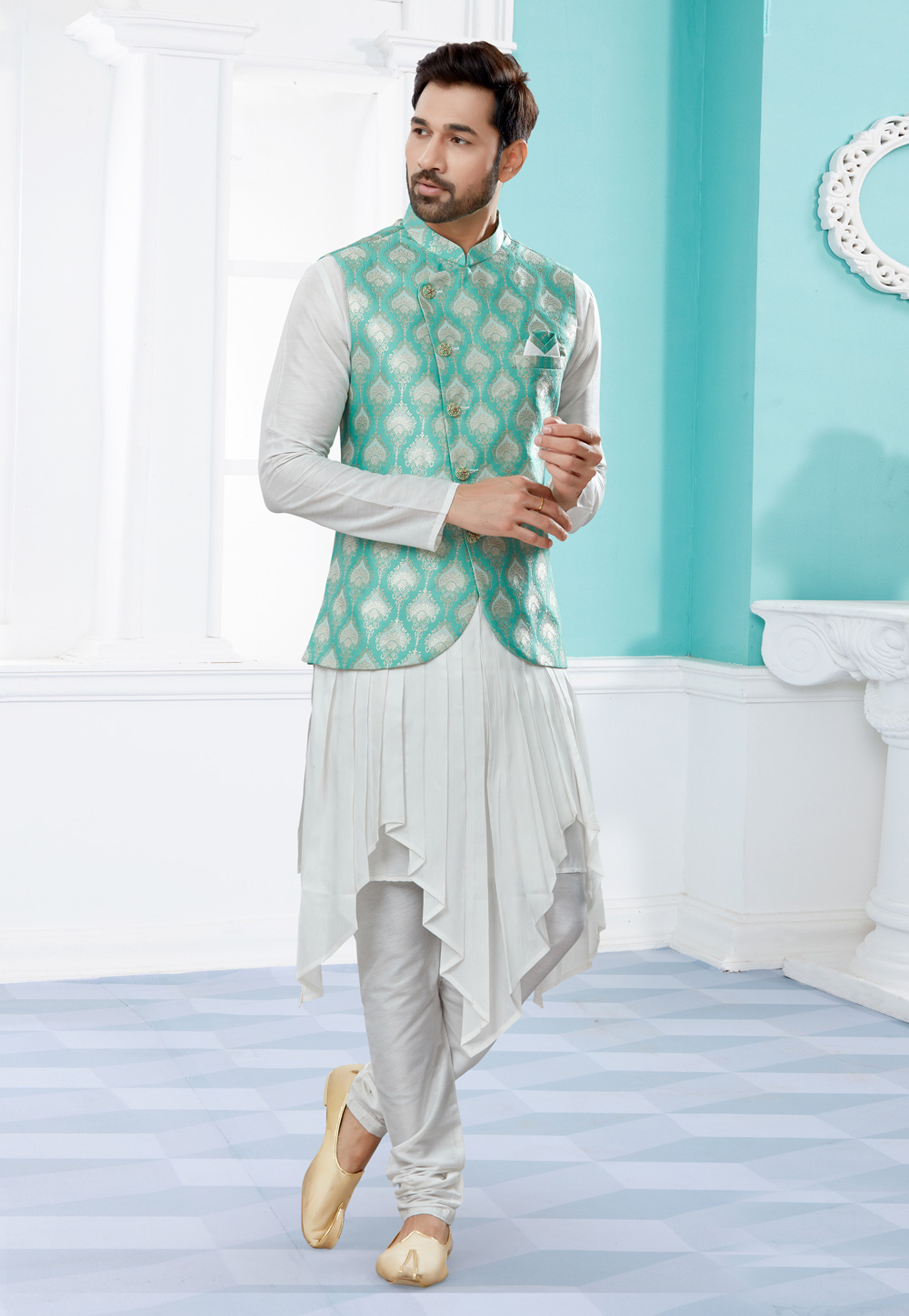 Off White Silk Kurta Pajama With Jacket 251465